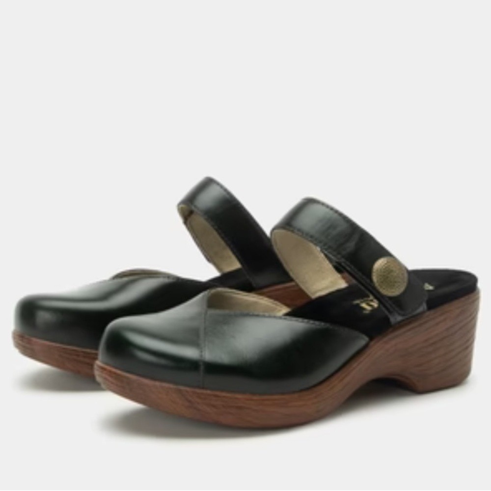 Alegria Black Leather Mary Jane Clogs Wedge Heel Slip On Shoes Womens‎